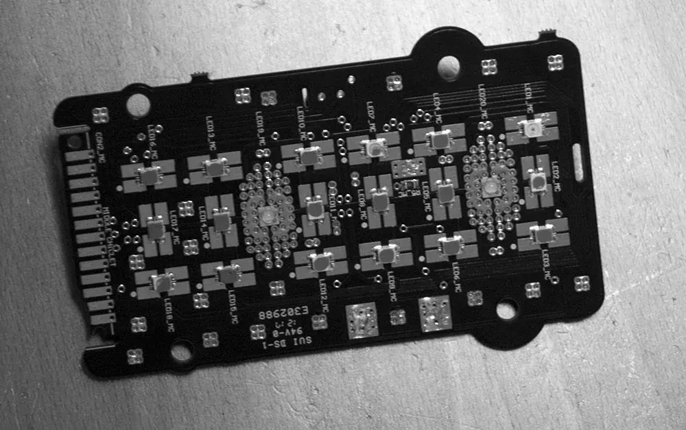 Close-up of a Mustang rear lighting circuit board and its LED components