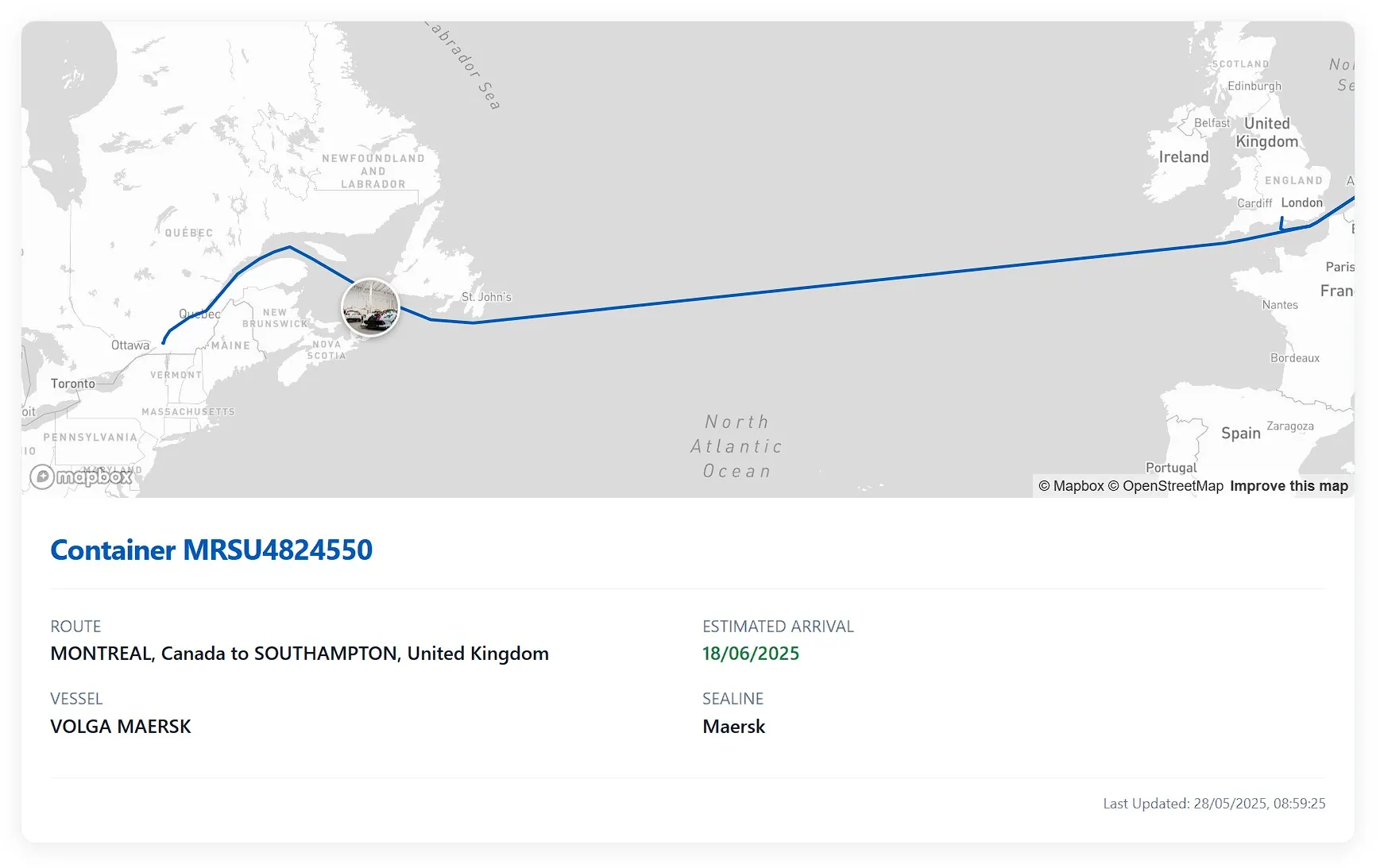 Container tracking map and shipment details in the customer portal