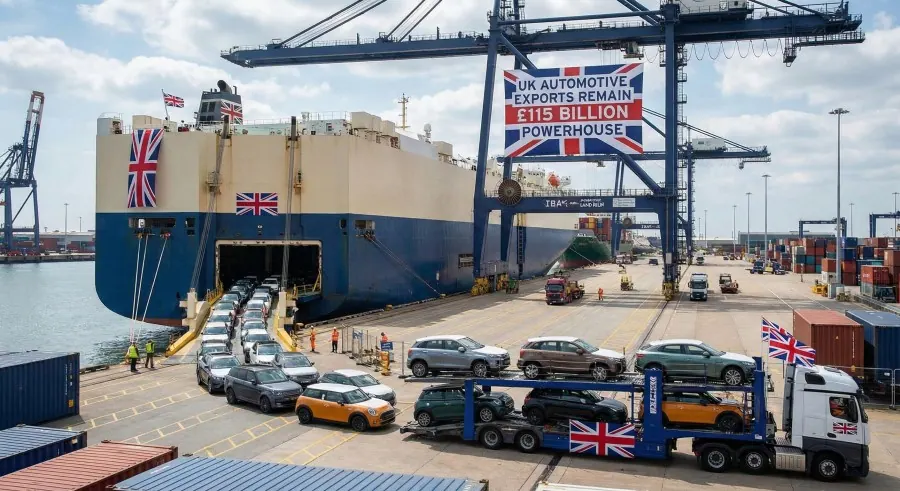 UK automotive export facility with vehicles prepared for international shipping